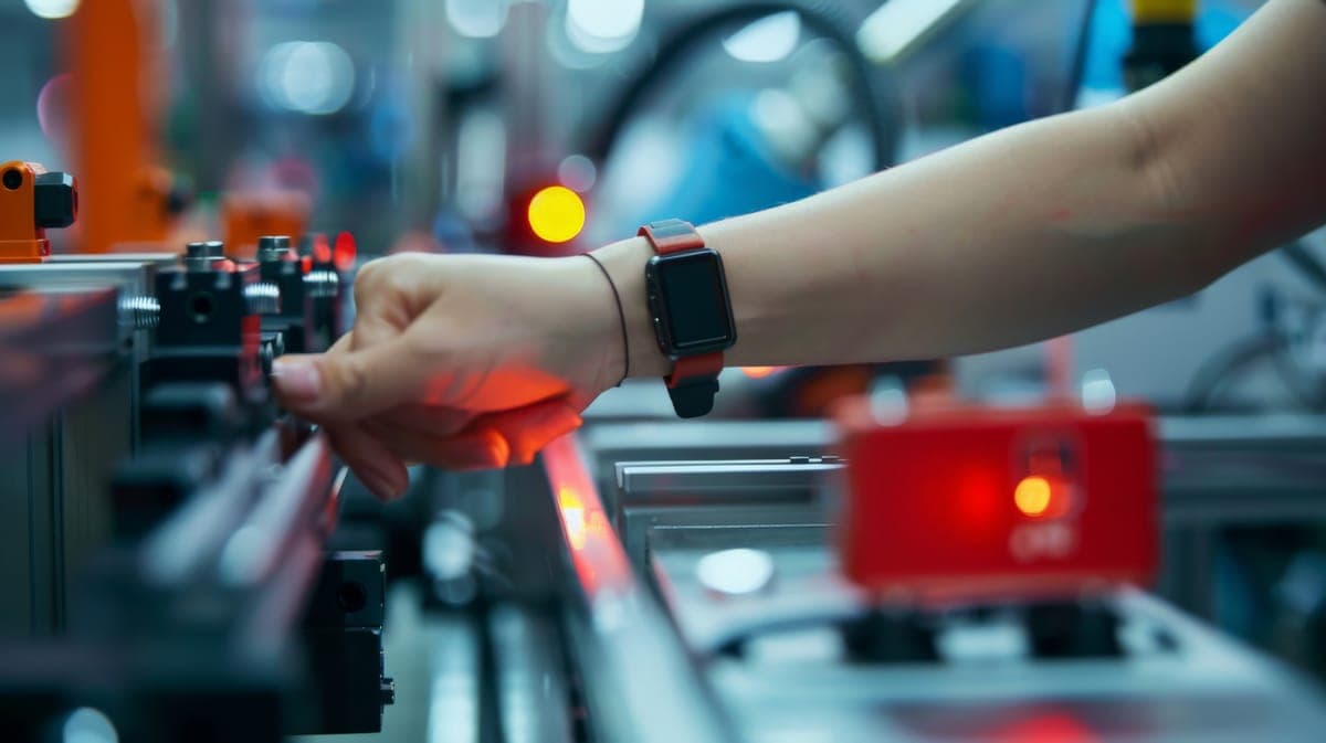 Operator reaching for machine controls with a red warning lamp lit on the line