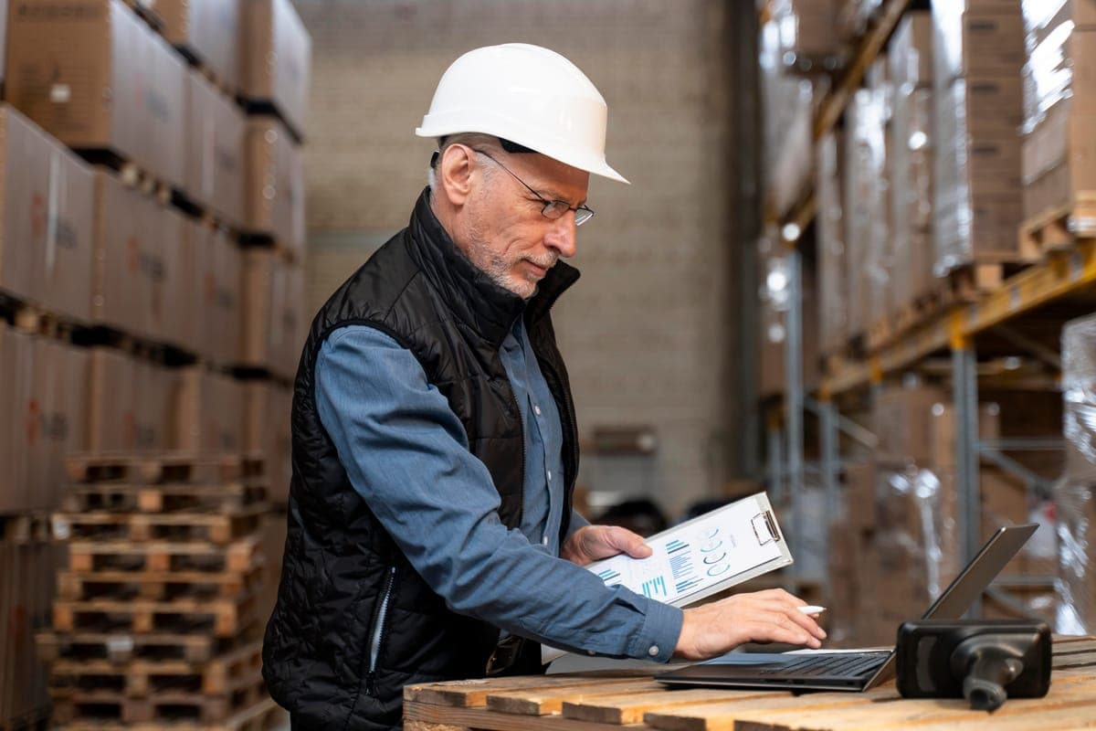 Store supervisor matching a printed material list against a laptop beside the racks