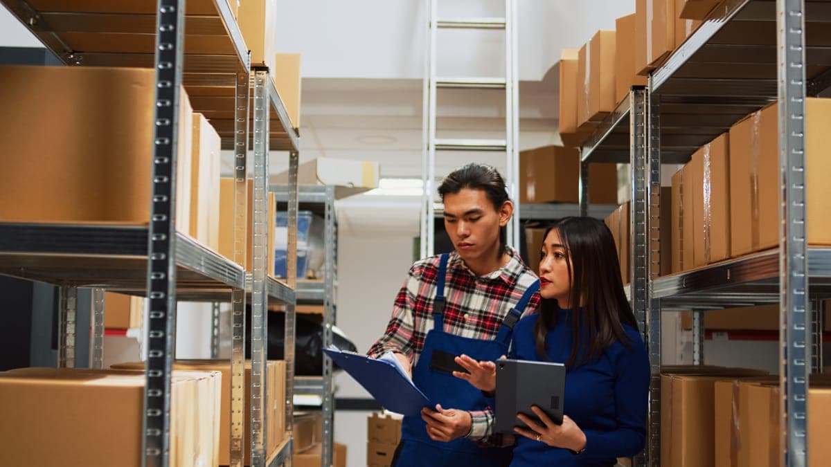 Two storekeepers checking rack stock against a clipboard and a tablet